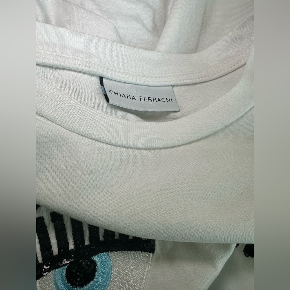 Chiara Ferragni Flirting‎ Eyes sequin eye eyelashes tee shirt black white blue S - Picture 7 of 13